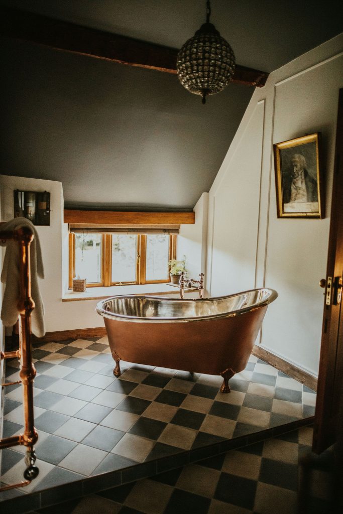 The luxury Master Suite bathroom at The Farmhouse at Tythe in rural Oxfordshire.
